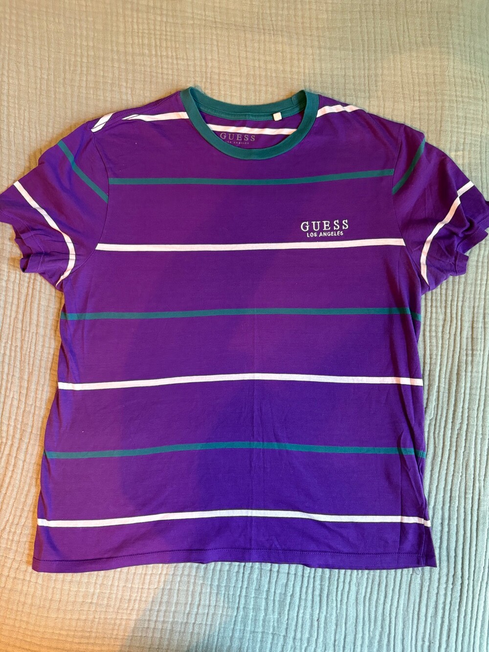 GUESS Los Angeles Mens Medium Purple Green Stripe Logo T-Shirt Cotton